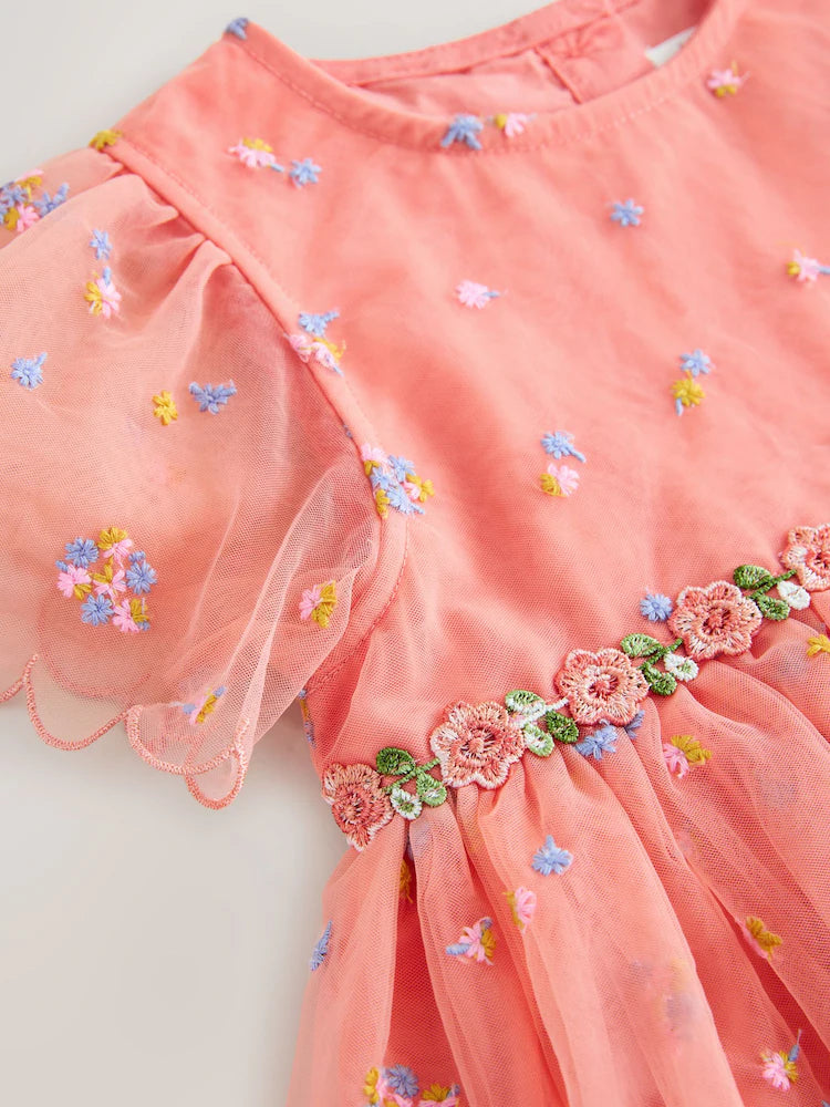 |Girl| Vestido De Tule Bordado Rosa Pêssego (3 meses a 8 anos)