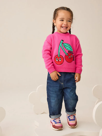 |Girl| Suéter De Malha Bordado Com Cereja Rosa (3 meses a 7 anos)