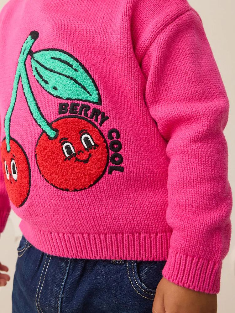 |Girl| Suéter De Malha Bordado Com Cereja Rosa (3 meses a 7 anos)
