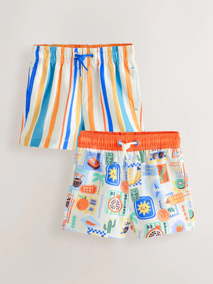 |Boy| Kit com 2 Shorts de Banho Estampados Laranja/Branco (3 meses a 7 anos)