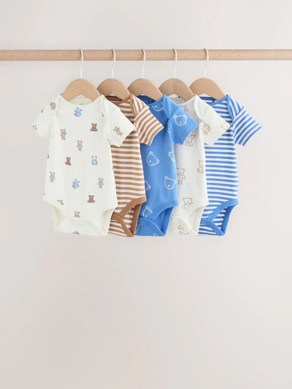 |BabyBoy| Conjunto Com 5 Bodies De Manga Curta Para Bebês, Modelo Ursinho Azul/Bege (5 unidades)