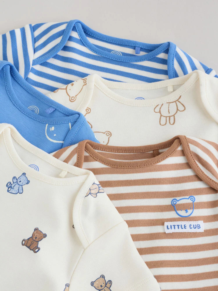 |BabyBoy| Conjunto Com 5 Bodies De Manga Curta Para Bebês, Modelo Ursinho Azul/Bege (5 unidades)