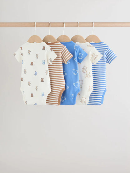 |BabyBoy| Conjunto Com 5 Bodies De Manga Curta Para Bebês, Modelo Ursinho Azul/Bege (5 unidades)