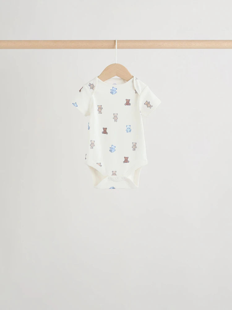 |BabyBoy| Conjunto Com 5 Bodies De Manga Curta Para Bebês, Modelo Ursinho Azul/Bege (5 unidades)