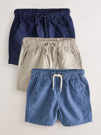 |Boy| Kit Com 3 Shorts De Vestir (sem fecho) – Azul-marinho, Bege-areia e Azul-chambray (3 meses a 7 anos)