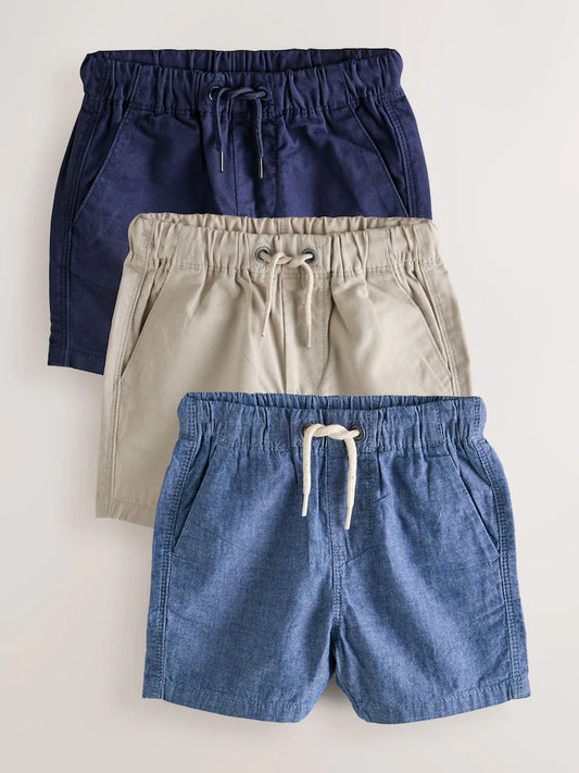 |Boy| Kit Com 3 Shorts De Vestir (sem fecho) – Azul-marinho, Bege-areia e Azul-chambray (3 meses a 7 anos)