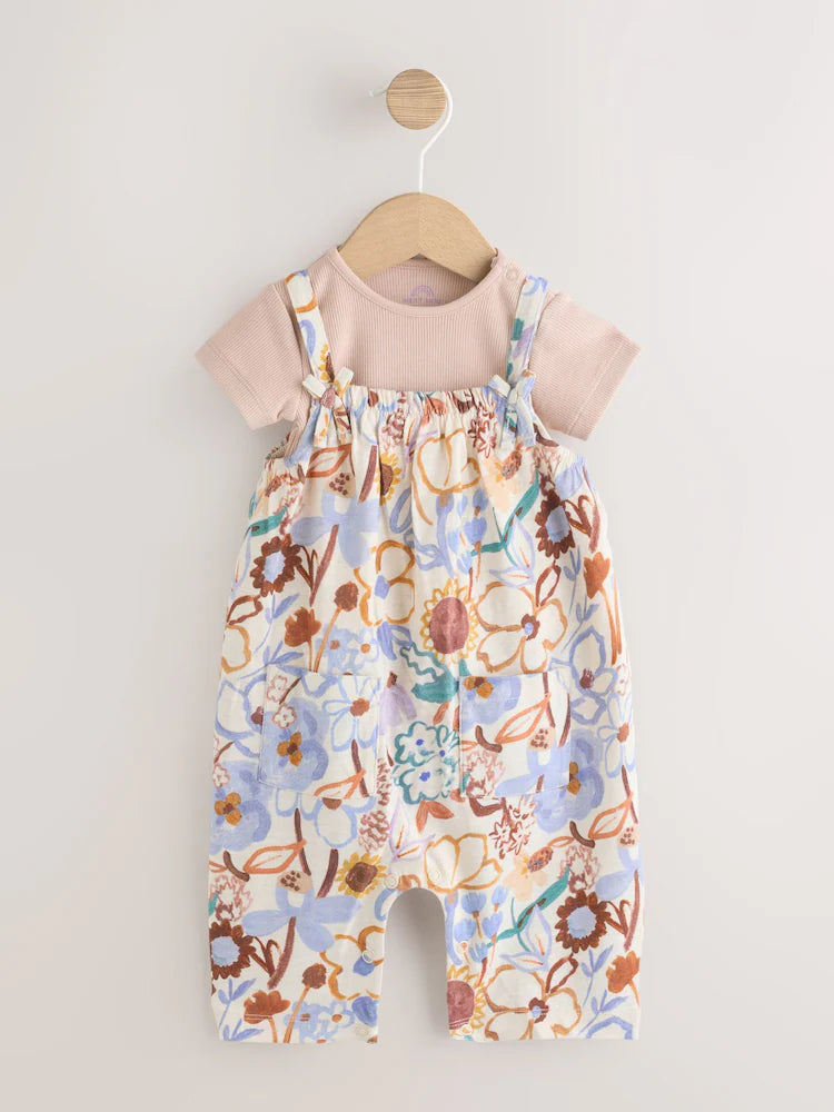 |BabyGirl| Conjunto De Jardineira e Body Para Bebê Com Estampa Floral Roxa (2 peças, de 0 meses a 3 anos)