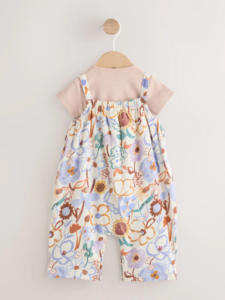 |BabyGirl| Conjunto De Jardineira e Body Para Bebê Com Estampa Floral Roxa (2 peças, de 0 meses a 3 anos)