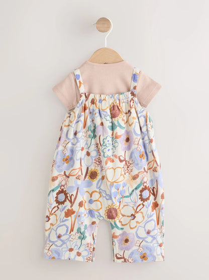 |BabyGirl| Conjunto De Jardineira e Body Para Bebê Com Estampa Floral Roxa (2 peças, de 0 meses a 3 anos)