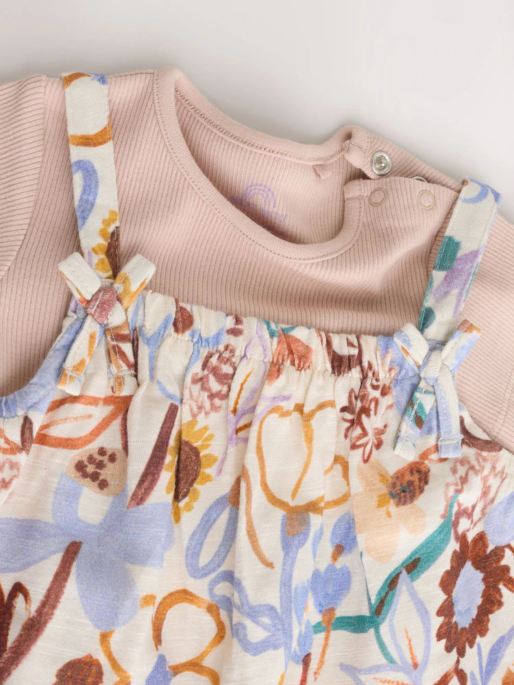 |BabyGirl| Conjunto De Jardineira e Body Para Bebê Com Estampa Floral Roxa (2 peças, de 0 meses a 3 anos)