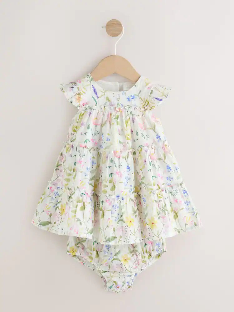 |BabyGirl| Conjunto De Vestido e Calcinha De Tecido Plano Com Estampa Floral Branca Para Bebê (0 meses a 2 anos)