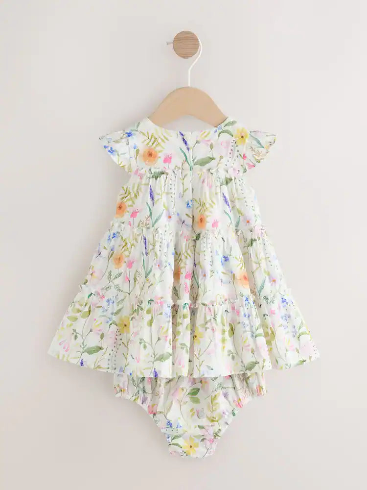 |BabyGirl| Conjunto De Vestido e Calcinha De Tecido Plano Com Estampa Floral Branca Para Bebê (0 meses a 2 anos)