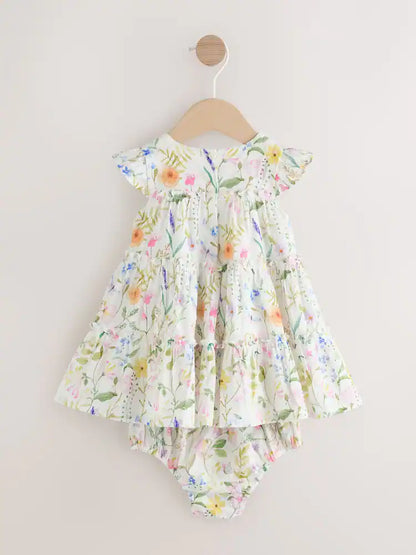 |BabyGirl| Conjunto De Vestido e Calcinha De Tecido Plano Com Estampa Floral Branca Para Bebê (0 meses a 2 anos)