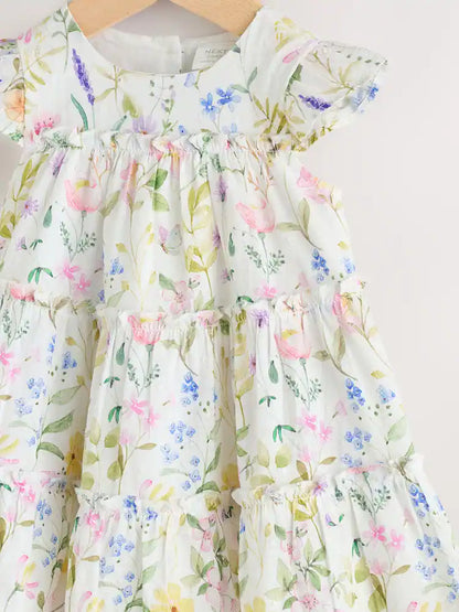 |BabyGirl| Conjunto De Vestido e Calcinha De Tecido Plano Com Estampa Floral Branca Para Bebê (0 meses a 2 anos)