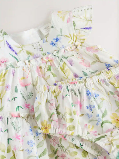 |BabyGirl| Conjunto De Vestido e Calcinha De Tecido Plano Com Estampa Floral Branca Para Bebê (0 meses a 2 anos)