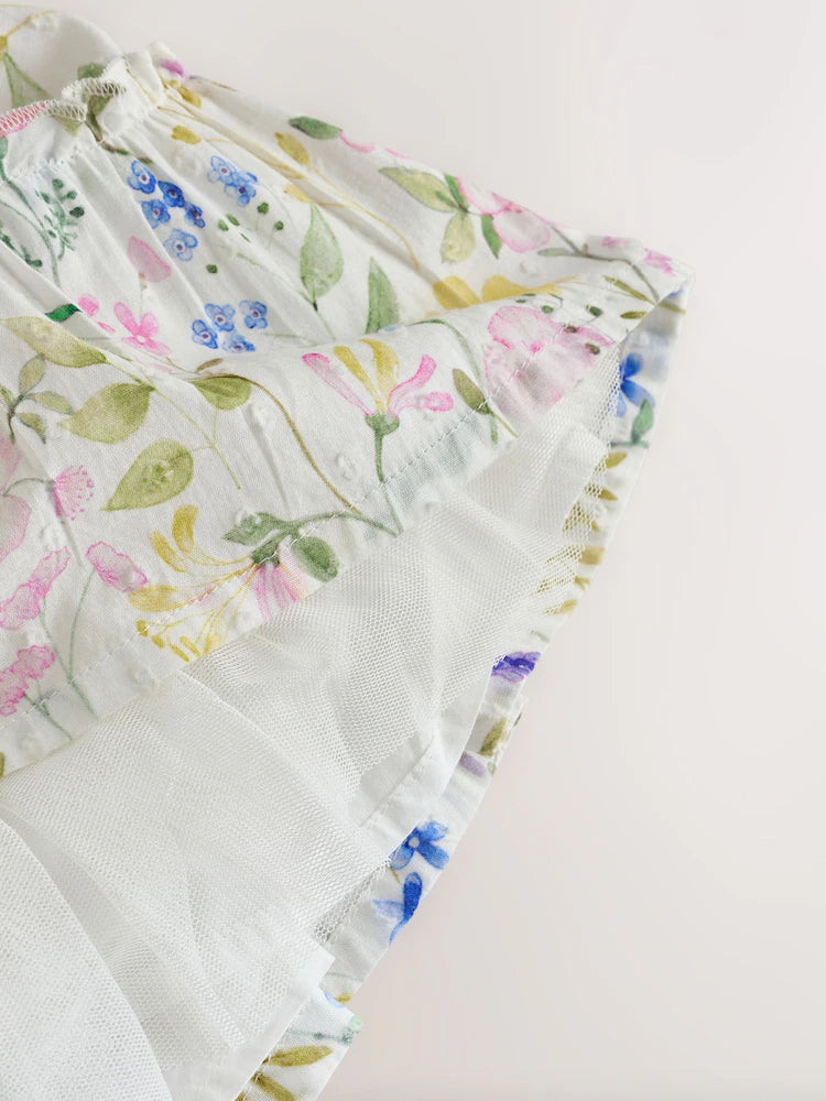 |BabyGirl| Conjunto De Vestido e Calcinha De Tecido Plano Com Estampa Floral Branca Para Bebê (0 meses a 2 anos)