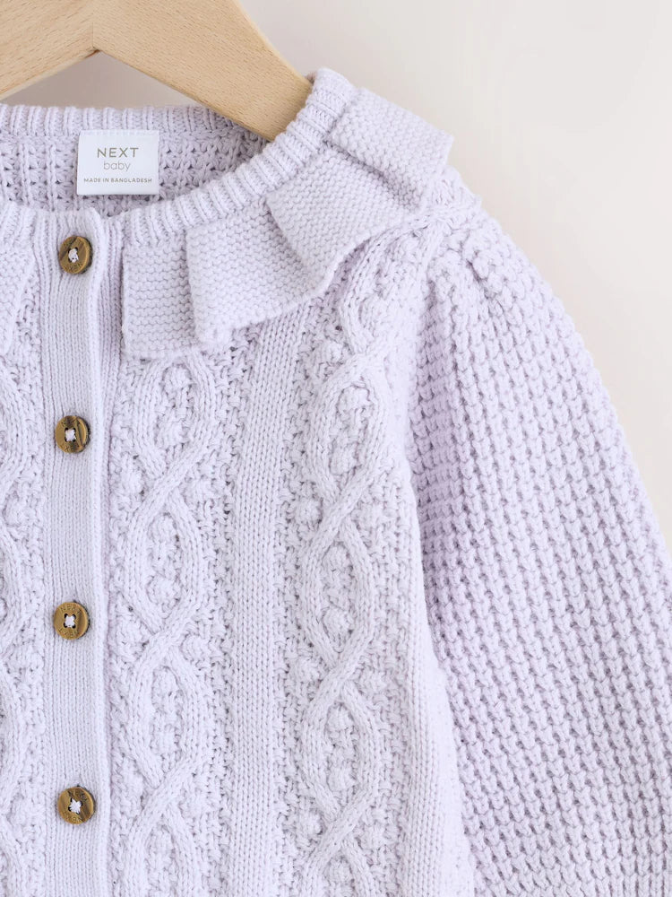 |BabyGirl| Casaquinho De Bebê Em Tricô Com Gola Franzida Lilás (0 meses a 2 anos)