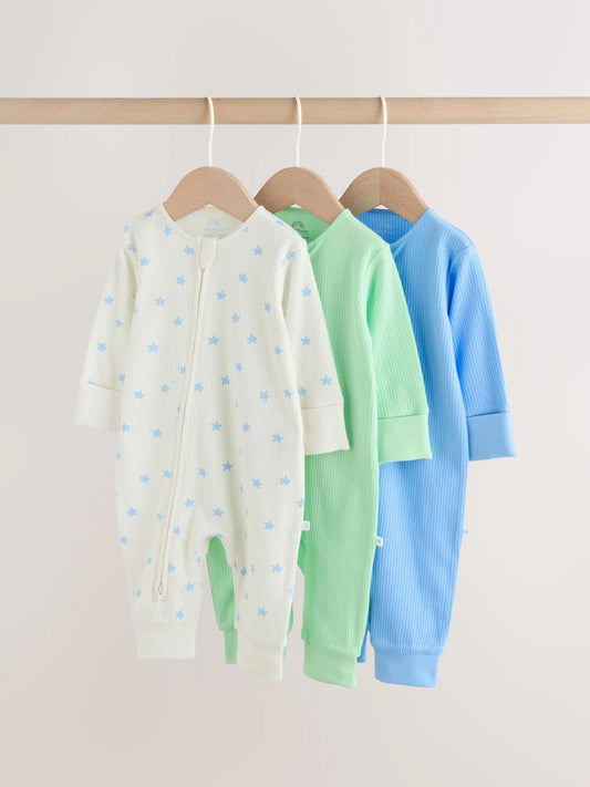 |BabyBoy| Conjunto De 3 Macacões Para Bebês Com Zíper Duplo Nas Cores Azul e Verde (0 meses a 3 anos)