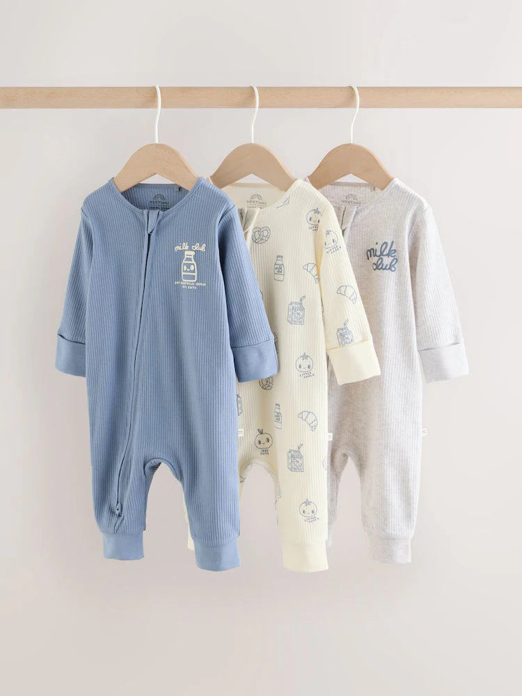 |BabyBoy| Conjunto De 3 Macacões Para Bebês Blue Milk Club Com Zíper Duplo (0 meses a 3 anos)