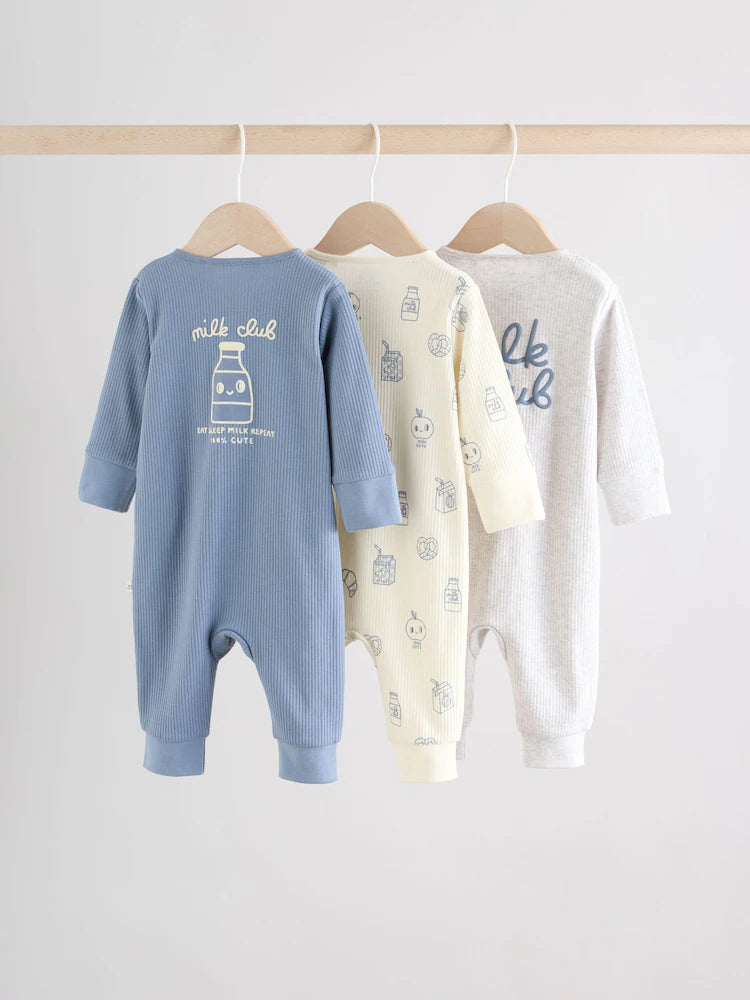 |BabyBoy| Conjunto De 3 Macacões Para Bebês Blue Milk Club Com Zíper Duplo (0 meses a 3 anos)