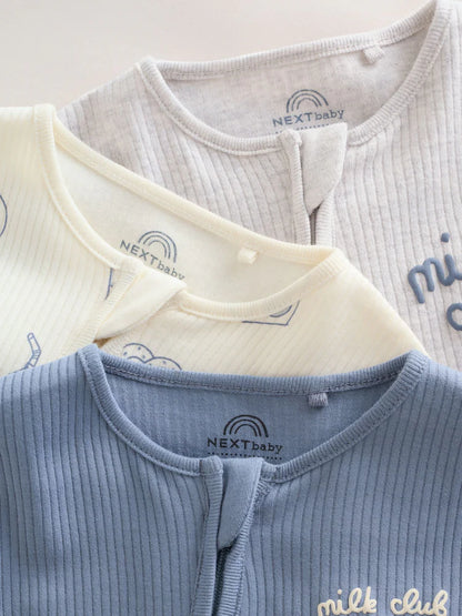 |BabyBoy| Conjunto De 3 Macacões Para Bebês Blue Milk Club Com Zíper Duplo (0 meses a 3 anos)