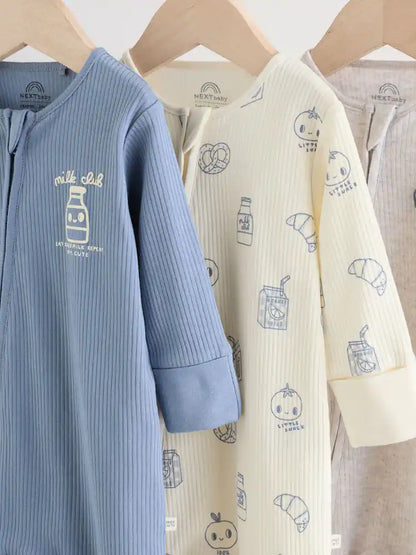 |BabyBoy| Conjunto De 3 Macacões Para Bebês Blue Milk Club Com Zíper Duplo (0 meses a 3 anos)