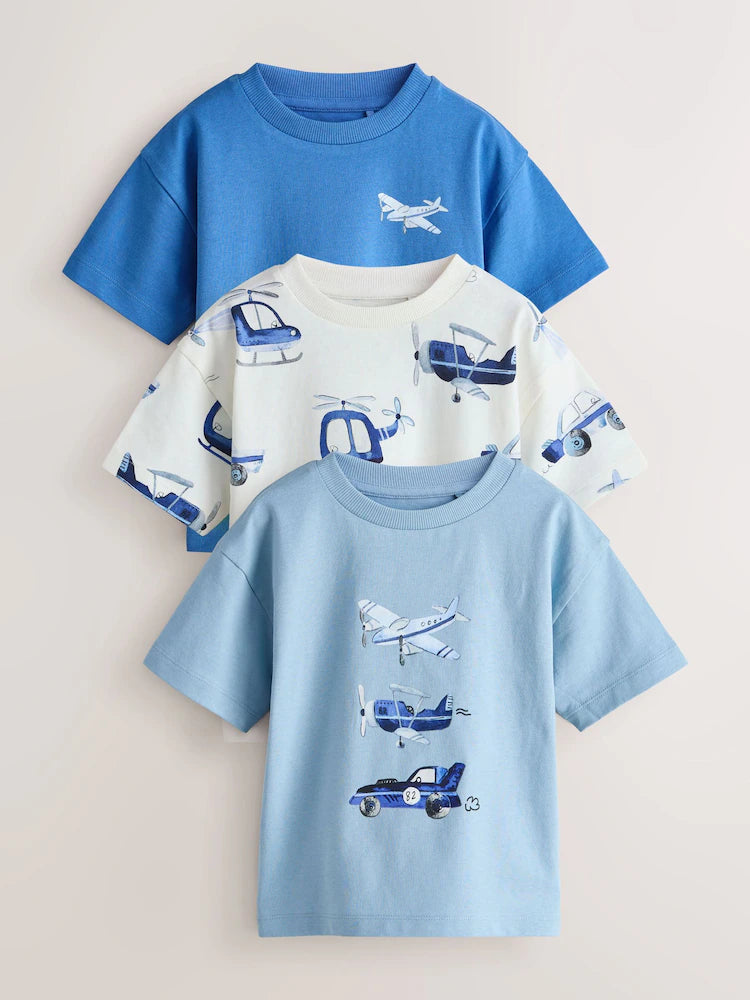 |Boy| Pacote Com 3 Camisetas De Manga Curta Com Estampa De Aviões Azuis (3 meses a 7 anos)