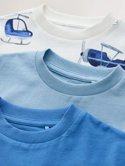 |Boy| Pacote Com 3 Camisetas De Manga Curta Com Estampa De Aviões Azuis (3 meses a 7 anos)