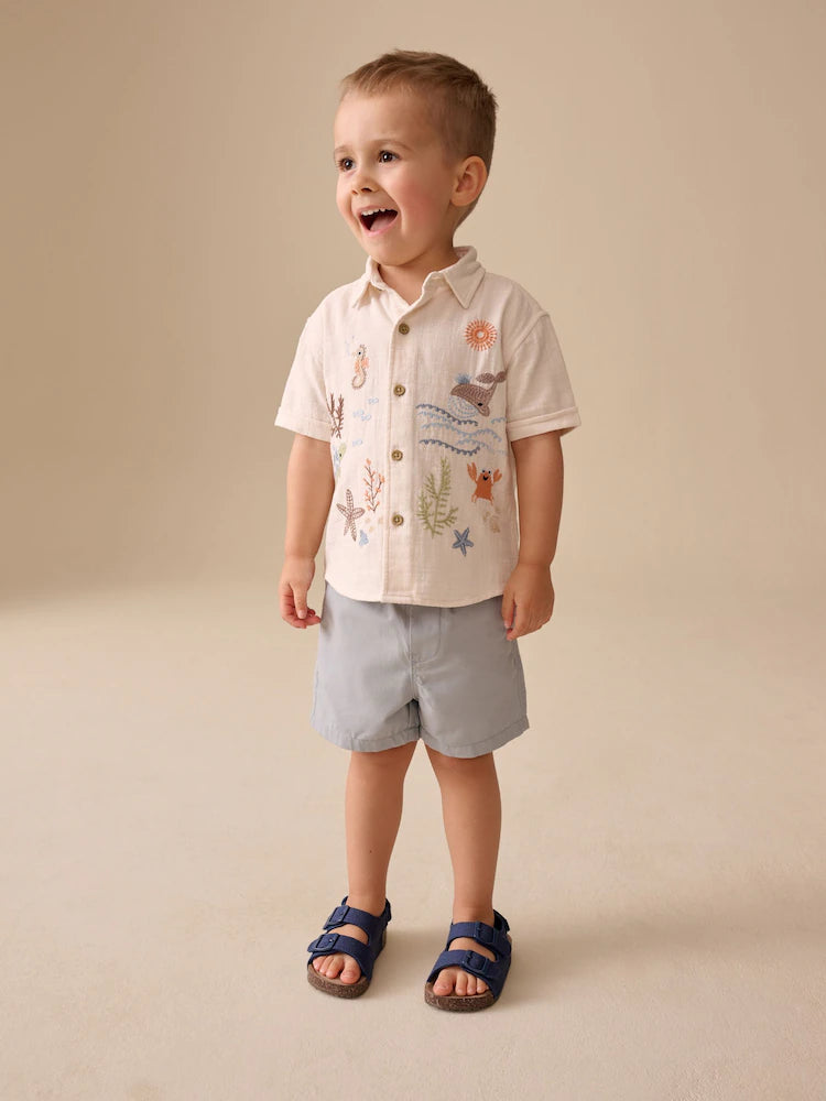 |Boy| Camisa De Manga Curta Bordada Com Tema De Vida Marinha Na Cor Cru (3 meses a 7 anos)
