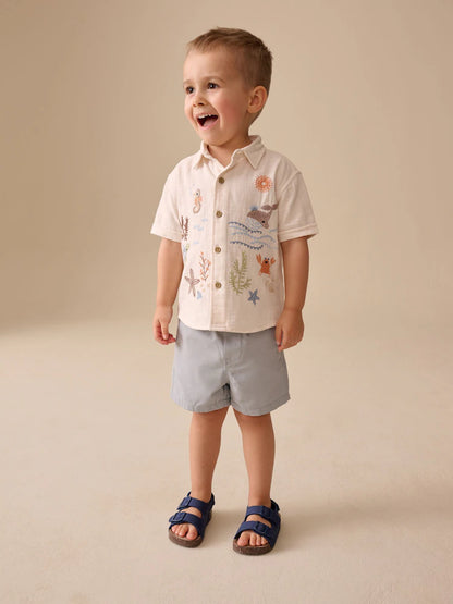 |Boy| Camisa De Manga Curta Bordada Com Tema De Vida Marinha Na Cor Cru (3 meses a 7 anos)