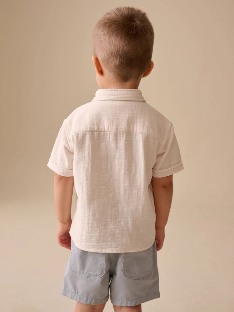 |Boy| Camisa De Manga Curta Bordada Com Tema De Vida Marinha Na Cor Cru (3 meses a 7 anos)