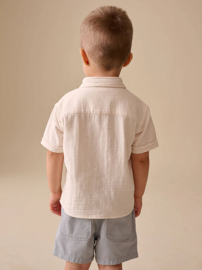 |Boy| Camisa De Manga Curta Bordada Com Tema De Vida Marinha Na Cor Cru (3 meses a 7 anos)