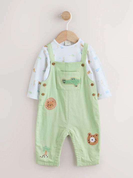 |BabyBoy| Conjunto De Jardineira e Body De Sarja Verde Com Estampa De Animais Da Savana Para Bebês (0 meses a 2 anos)