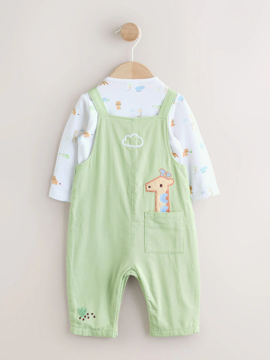 |BabyBoy| Conjunto De Jardineira e Body De Sarja Verde Com Estampa De Animais Da Savana Para Bebês (0 meses a 2 anos)
