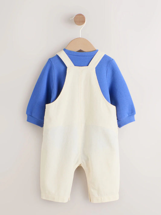 |BabyBoy| Conjunto De Jardineira e Body De Sarja Para Bebê Com Personagens Neutros/Azuis (0 meses a 2 anos)