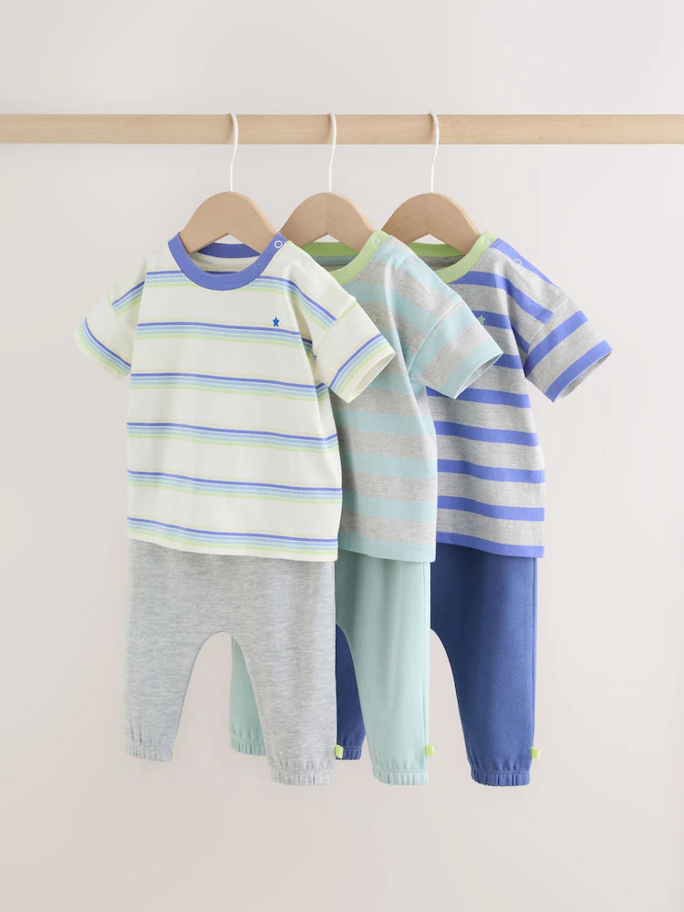 |BabyBoy| Conjunto De 6 Peças Para Bebê, Composto Por Camiseta e Calça De Moletom Listrada azul e verde (0 meses a 3 anos)