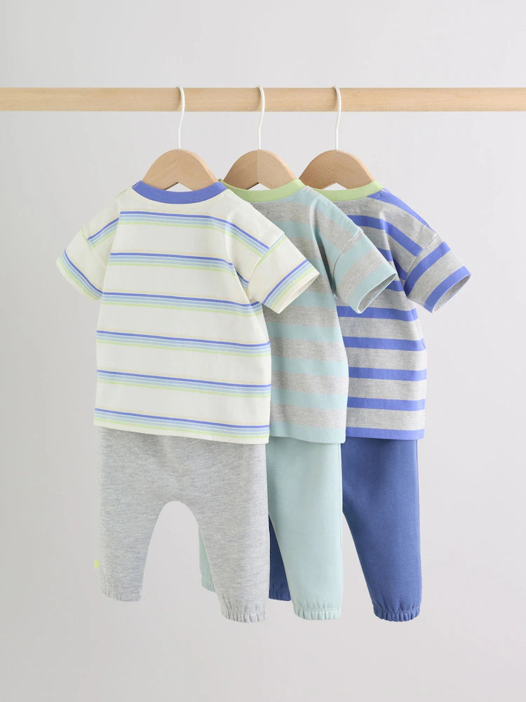 |BabyBoy| Conjunto De 6 Peças Para Bebê, Composto Por Camiseta e Calça De Moletom Listrada azul e verde (0 meses a 3 anos)