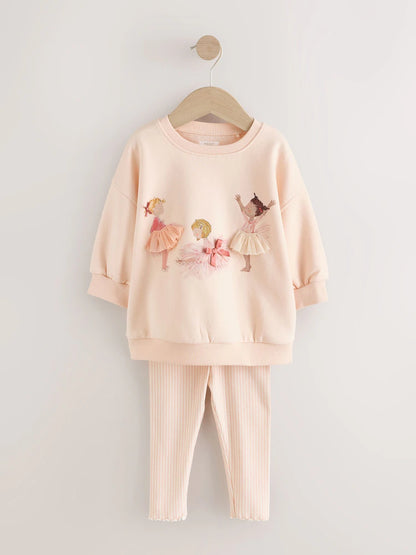 |Girl| Conjunto De Moletom e Leggings Com Estampa De Bailarinas Rosa (3 meses a 7 anos)