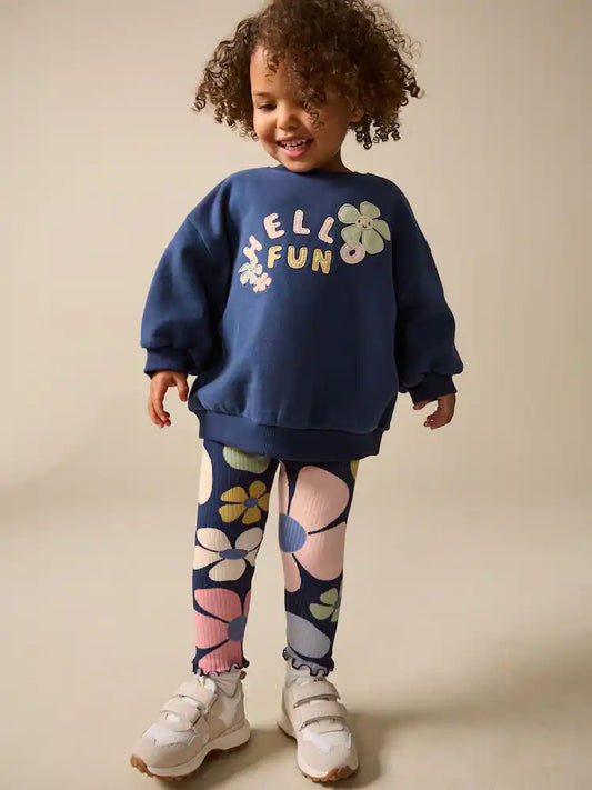 |Girl| Conjunto De Moletom e Leggings Azul Marinho Com Estampa Floral (3 meses a 7 anos)