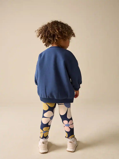 |Girl| Conjunto De Moletom e Leggings Azul Marinho Com Estampa Floral (3 meses a 7 anos)