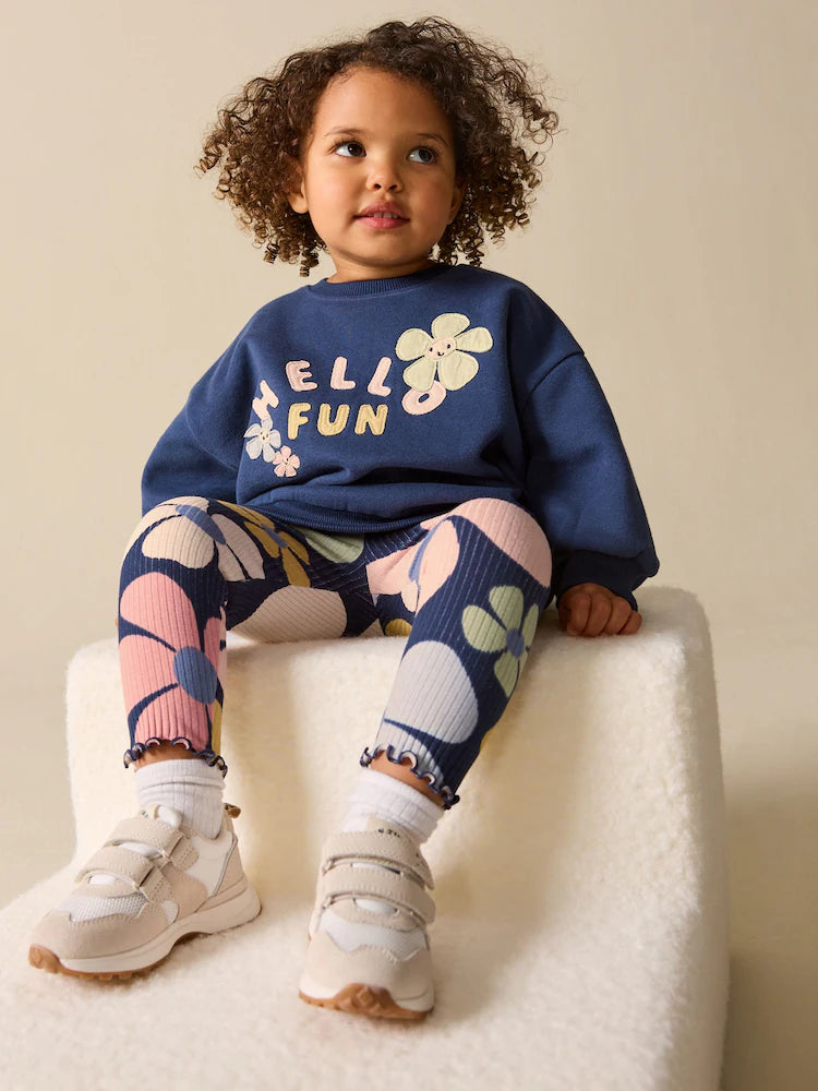 |Girl| Conjunto De Moletom e Leggings Azul Marinho Com Estampa Floral (3 meses a 7 anos)