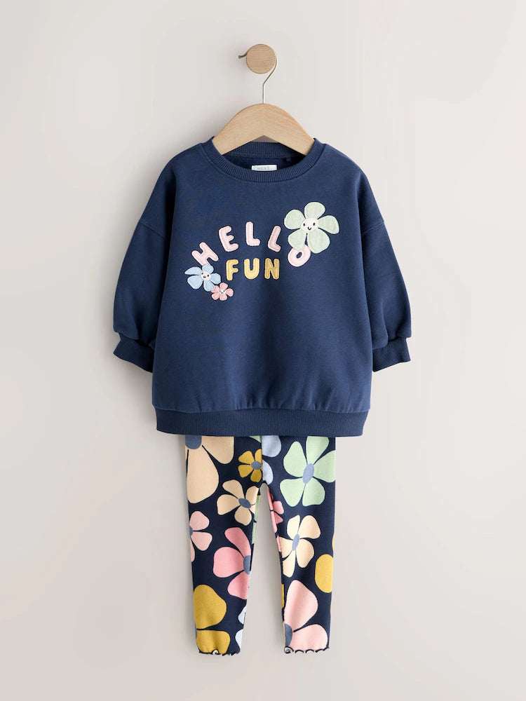 |Girl| Conjunto De Moletom e Leggings Azul Marinho Com Estampa Floral (3 meses a 7 anos)