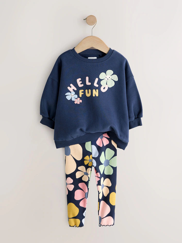 |Girl| Conjunto De Moletom e Leggings Azul Marinho Com Estampa Floral (3 meses a 7 anos)