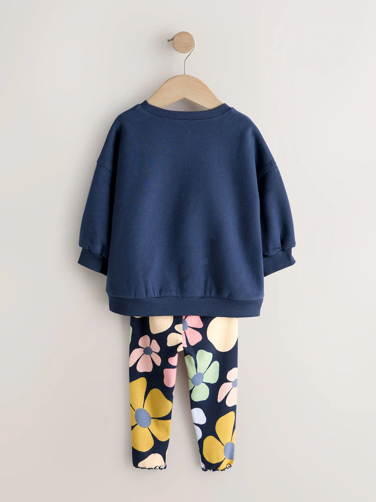 |Girl| Conjunto De Moletom e Leggings Azul Marinho Com Estampa Floral (3 meses a 7 anos)