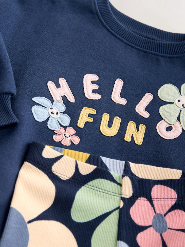 |Girl| Conjunto De Moletom e Leggings Azul Marinho Com Estampa Floral (3 meses a 7 anos)