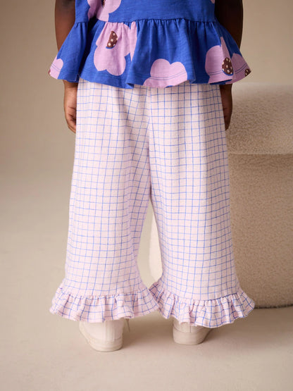 |Girl| Calças De Perna Larga Com Babados e Estampa Xadrez Rosa/Azul (3 meses a 7 anos)