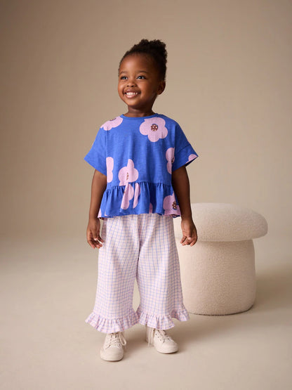 |Girl| Calças De Perna Larga Com Babados e Estampa Xadrez Rosa/Azul (3 meses a 7 anos)