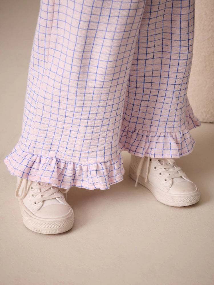 |Girl| Calças De Perna Larga Com Babados e Estampa Xadrez Rosa/Azul (3 meses a 7 anos)