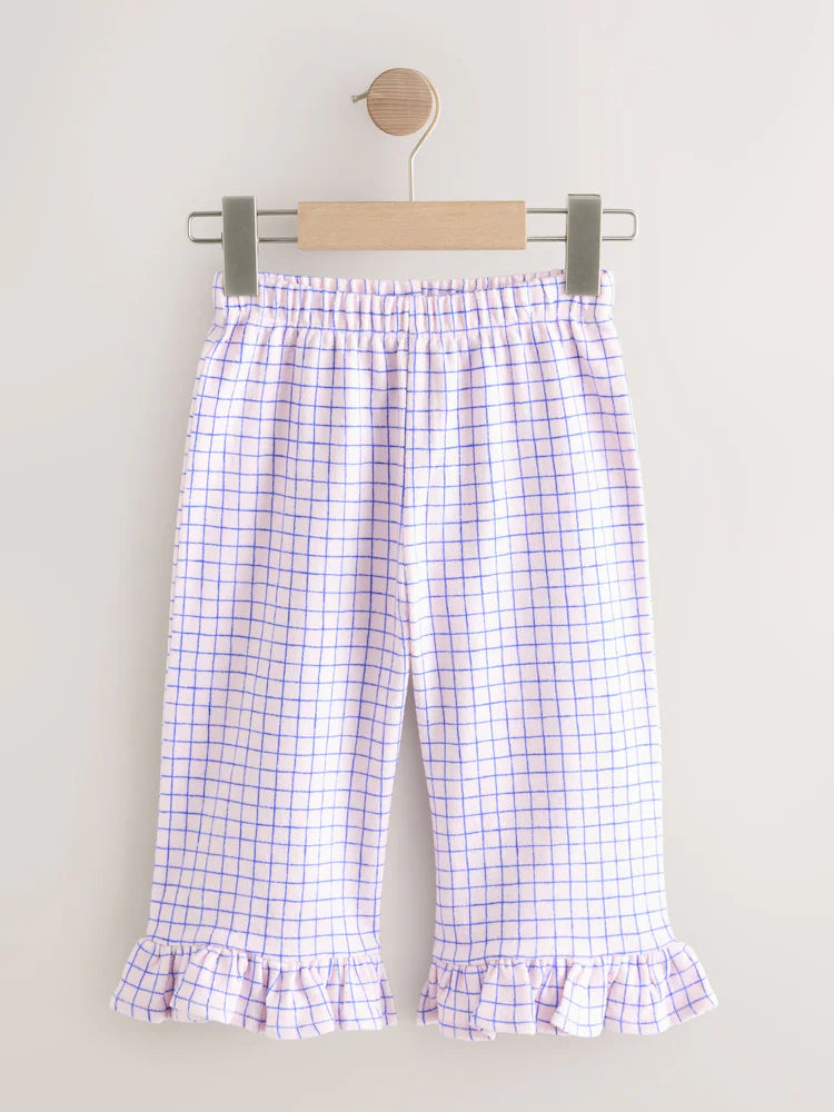 |Girl| Calças De Perna Larga Com Babados e Estampa Xadrez Rosa/Azul (3 meses a 7 anos)