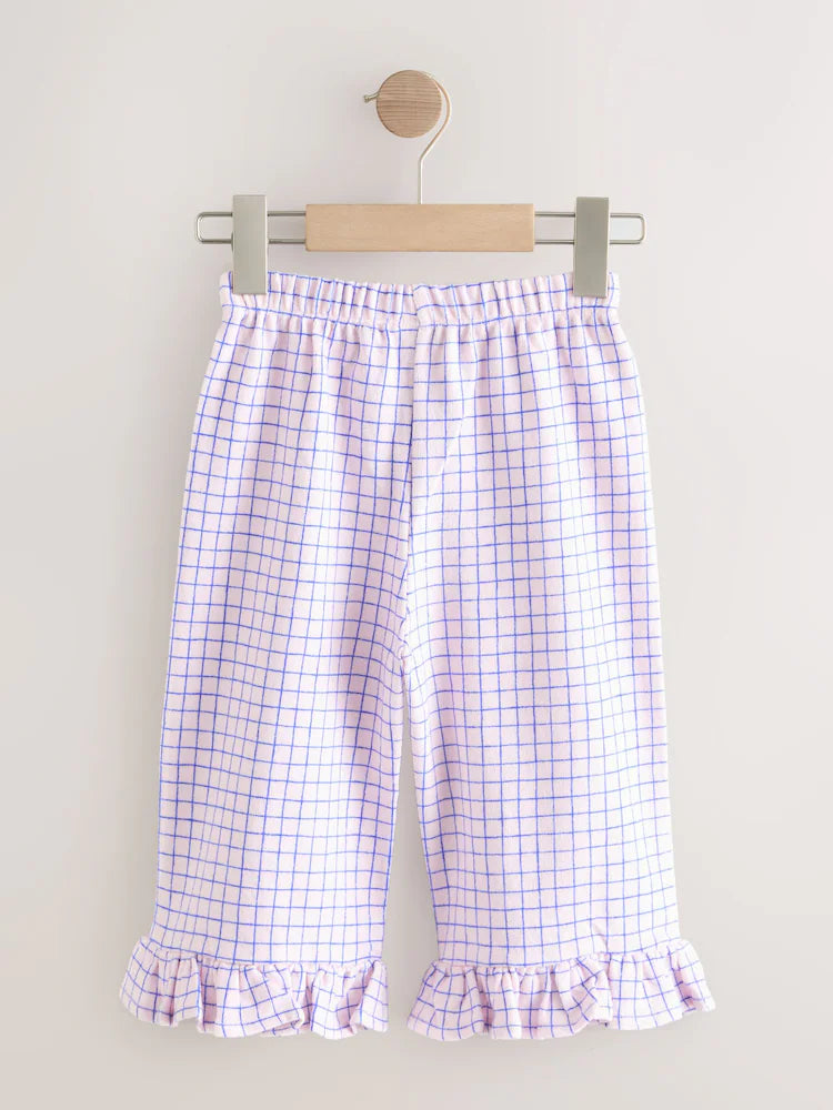 |Girl| Calças De Perna Larga Com Babados e Estampa Xadrez Rosa/Azul (3 meses a 7 anos)